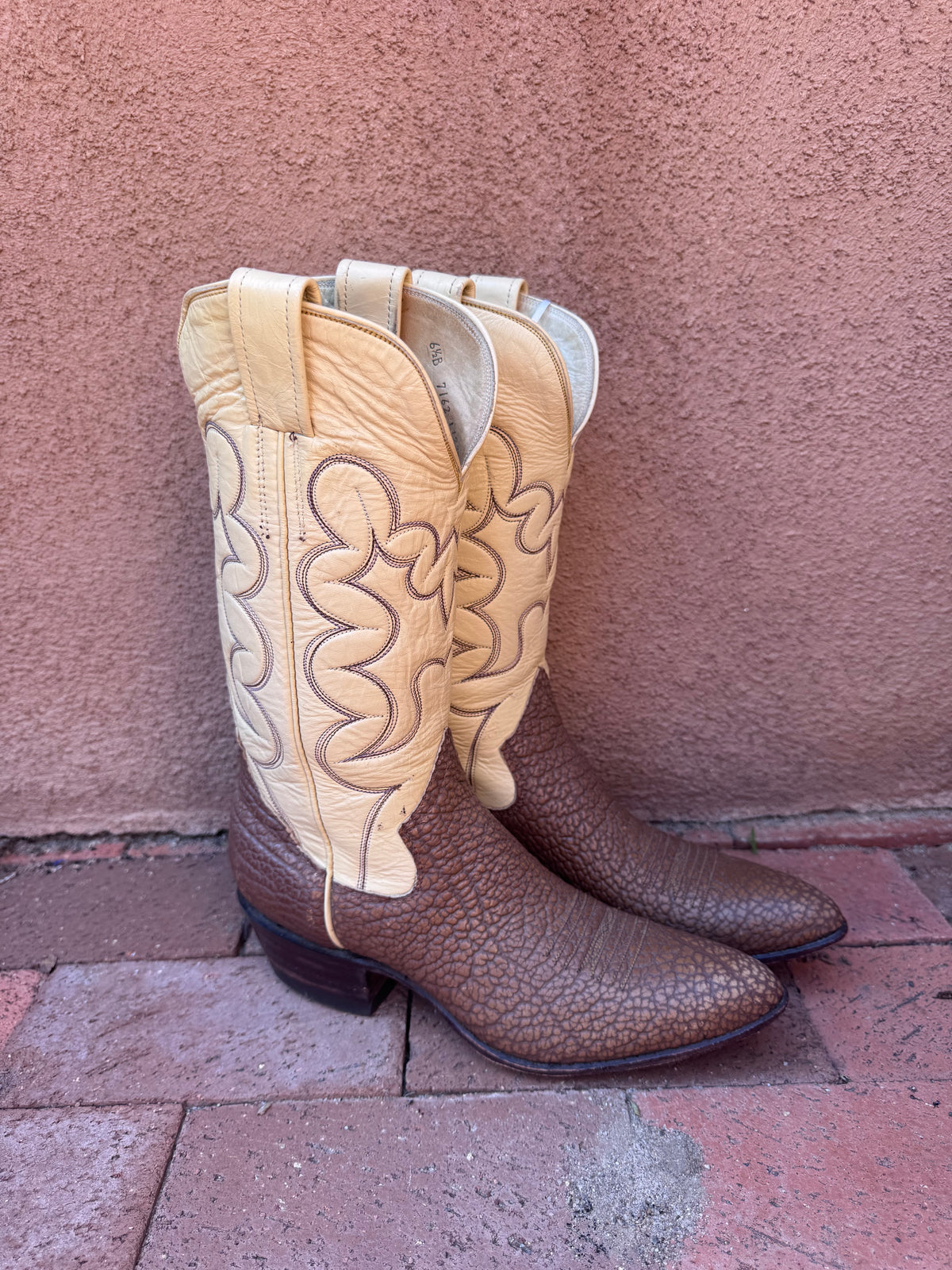 Vintage Cream, Cognac Textured Leather Boots