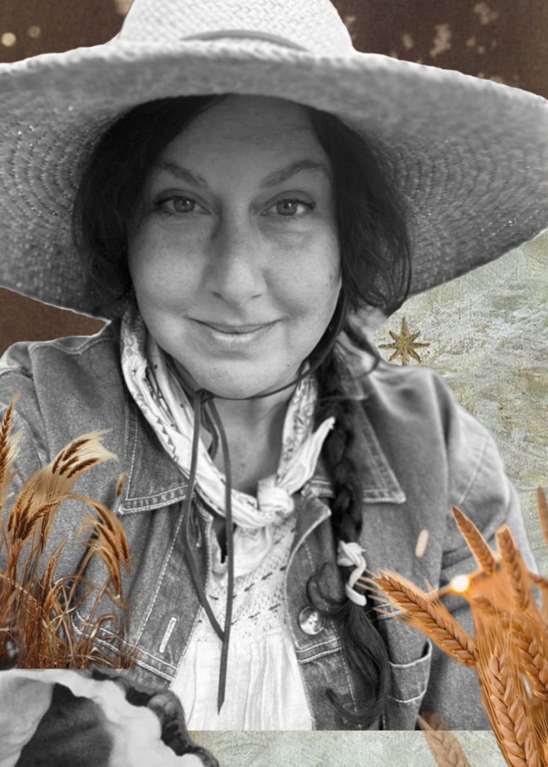 Person wearing a wide-brimmed hat and denim jacket with nature-themed collage