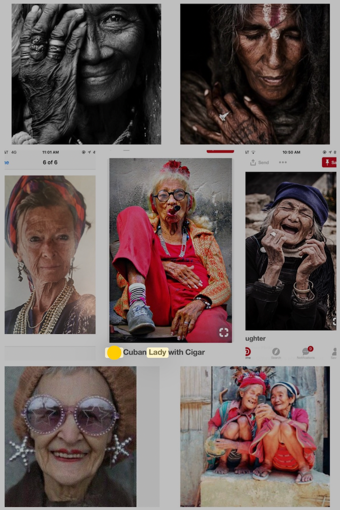Collage of images featuring elderly women with various expressions and poses.